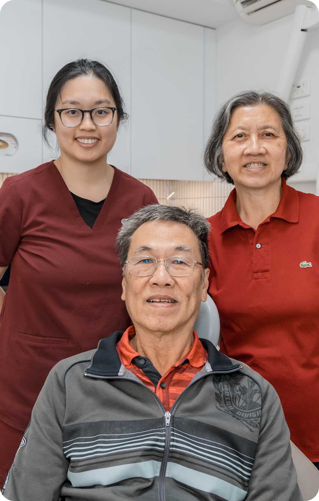 Smiling patients and Principal Dr. Nadia at Dental Clinic in T32 Dental Clinic Doncaster East, showcasing healthy teeth.