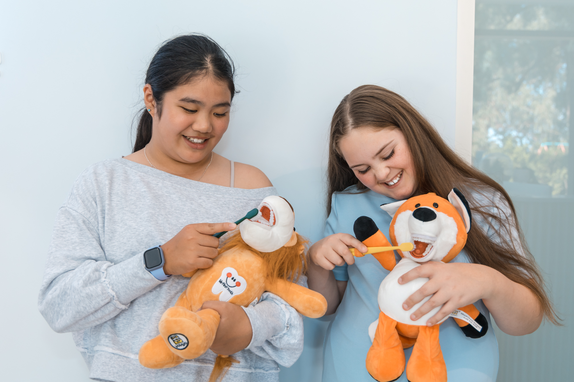 Kids learn about dental care and fissure-sealants by practicing brushing on plush animal toys with teeth.